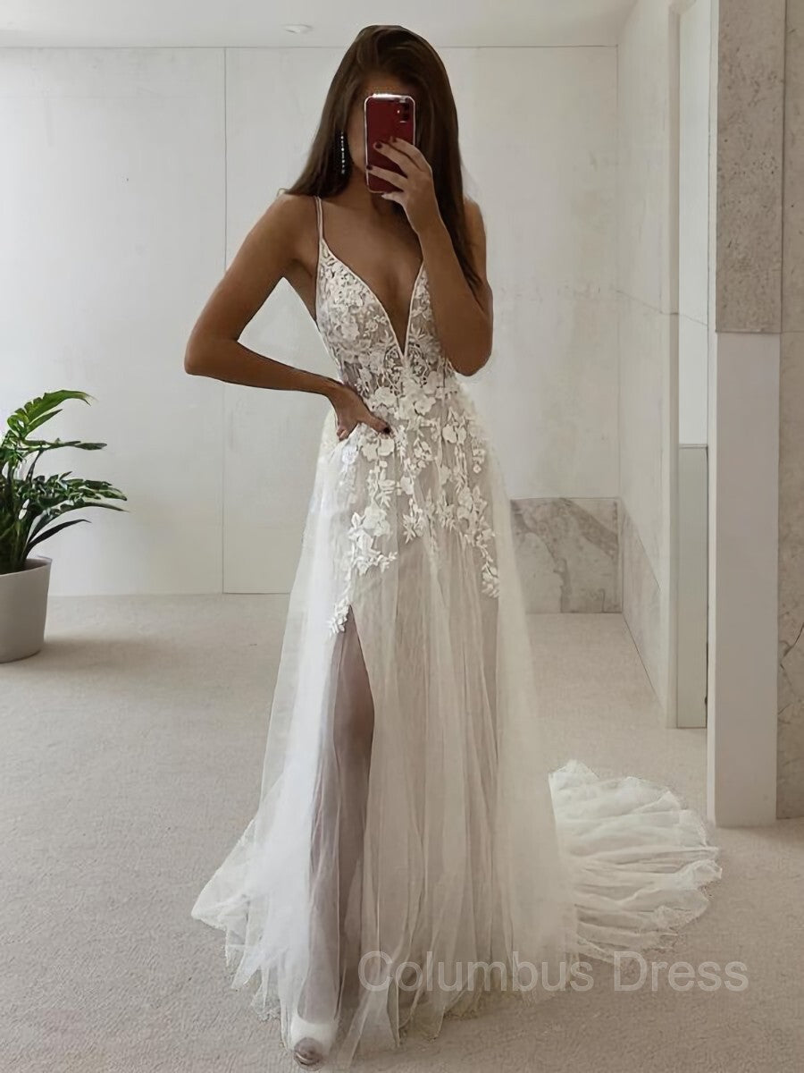 Wedding Dress Boutique, A-Line/Princess V-neck Court Train Tulle Wedding Dresses With Leg Slit