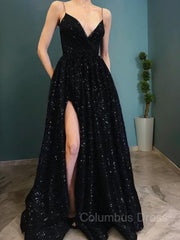 Prom Dresses Sweetheart, A-Line/Princess V-neck Sweep Train Velvet Sequins Prom Dresses With Leg Slit