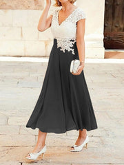 Prom Dresses Glitter, A-Line/Princess V-neck Tea-Length Chiffon Mother of the Bride Dresses With Lace Applique