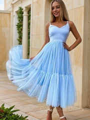 Prom Dress Long Formal Evening Gown, A-Line/Princess V-neck Tea-Length Tulle Homecoming Dresses With Pleated