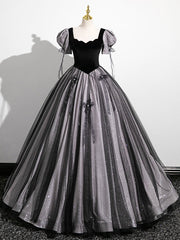 Evening Dresses Elegant, A-Line Puff Sleeves Black Long Prom Dress, Black Sweet 16 Dress