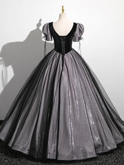 Evening Dresses For Weddings, A-Line Puff Sleeves Black Long Prom Dress, Black Sweet 16 Dress