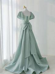 Evening Dresses, A-Line Puff Sleeves Green Long Prom Dress, Green Formal Dress