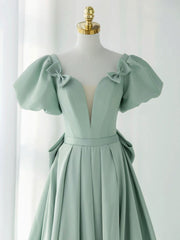 Evening Dresses Velvet, A-Line Puff Sleeves Green Long Prom Dress, Green Formal Dress