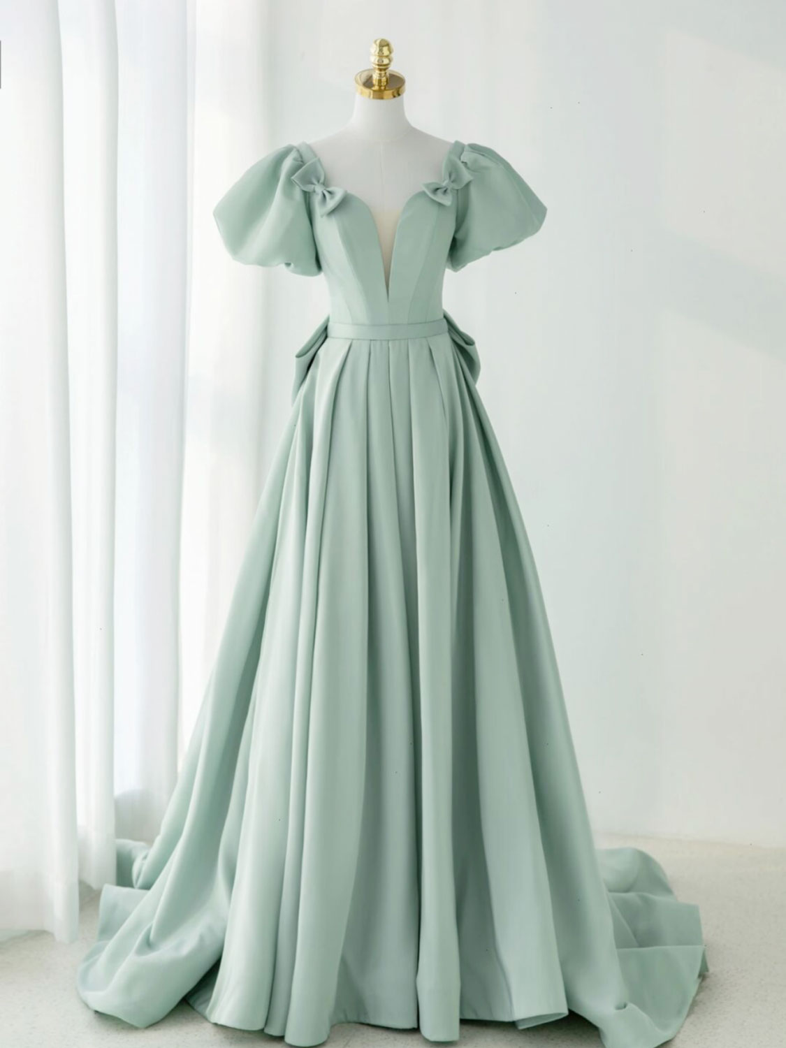 Evening Dress Maxi Long Sleeve, A-Line Puff Sleeves Green Long Prom Dress, Green Formal Dress