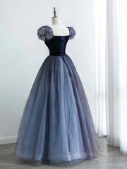 Evening Gown, A-Line Purple Tulle Long Prom Dress, Purple Sweet 16 Dress