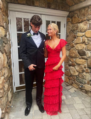 Party Dresses Halter Neck, A line Red Lace Long Prom Dresses