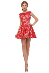 Evening Dresses Knee Length, A-Line Red Lace Sleeveless Mini Homecoming Dresses