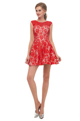 Evening Dresses For Over 76, A-Line Red Lace Sleeveless Mini Homecoming Dresses