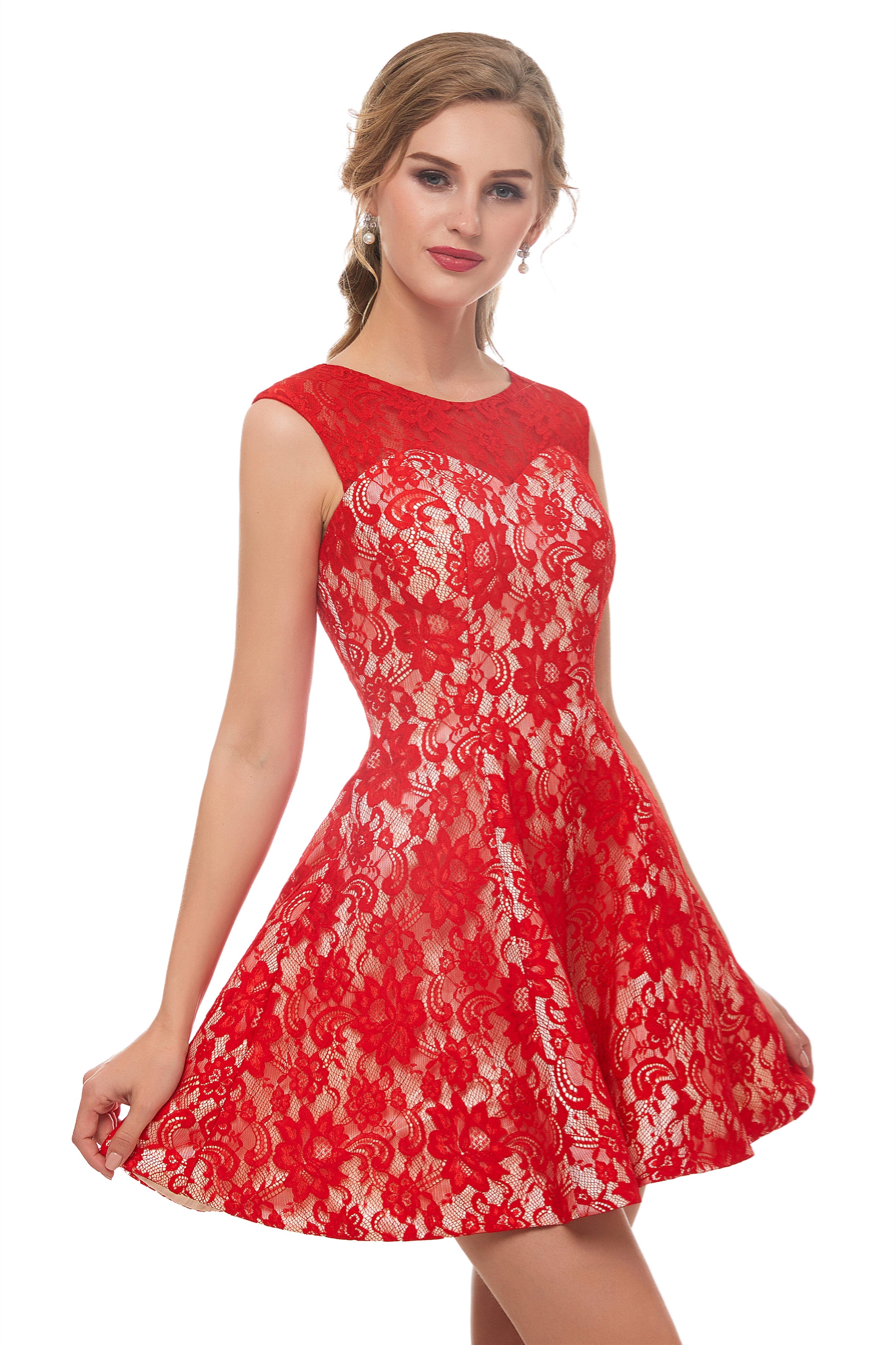 Evening Dress Knee Length, A-Line Red Lace Sleeveless Mini Homecoming Dresses