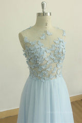 Dress Formal, A Line Round Neck Baby Blue Lace Long Prom Dress with Butterfly, Baby Blue Lace Formal Graduation Evening Dress