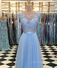 Bridesmaid Dress By Color, A Line Round Neck Blue Lace Appliques Tulle Long Prom Dresses, Blue Lace Graduation Dresses, Blue Evening Formal Dresses