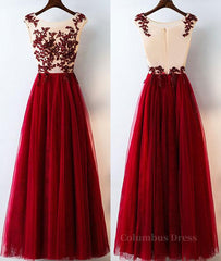 Bridesmaid Dresses Summer, A Line Round Neck Burgundy Lace Tulle Long Prom Dress, Burgundy Lace Evening Dress, Burgundy Lace Graduation Dress