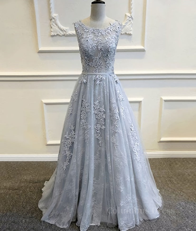 Bridesmaid Dresses Colors, A Line Round Neck Lace Grey Prom Dresses, Lace Grey Formal Dresses