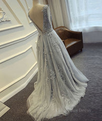 Bridesmaids Dress Color, A Line Round Neck Lace Grey Prom Dresses, Lace Grey Formal Dresses