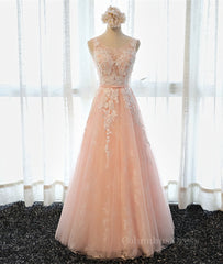 Bridesmaid Dress Wedding, A Line Round Neck Sleeveless Lace Prom Dresses, Lace Formal Dresses