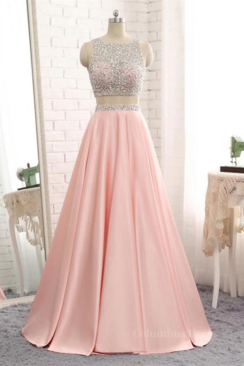 Bridesmaids Dresses Spring, A Line Round Neck Two Pieces Beaded Pink Prom Dresses, Two Pieces Pink Formal Dresses, Pink Evening Dresses