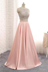 Bridesmaid Dress Spring, A Line Round Neck Two Pieces Beaded Pink Prom Dresses, Two Pieces Pink Formal Dresses, Pink Evening Dresses