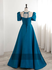 Gold Prom Dress, A-Line Satin Blue Long Prom Dress, Blue Long Formal Evening Dresses