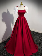 Prom Dresses Inspiration, A-Line Satin Burgundy Long Prom Dresses, Puffy Sleeve Formal Evening Dress