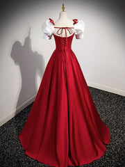 Prom Dress Inspirational, A-Line Satin Burgundy Long Prom Dresses, Puffy Sleeve Formal Evening Dress