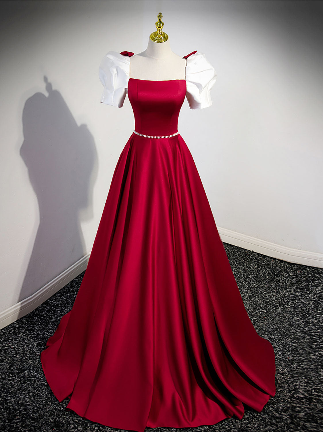 Prom Dresses Inspired, A-Line Satin Burgundy Long Prom Dresses, Puffy Sleeve Formal Evening Dress