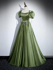 Dream Dress, A-Line Satin Green Long Prom Dress, Green Formal Evening Dress