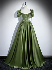 Long Dress Outfit, A-Line Satin Green Long Prom Dress, Green Formal Evening Dress