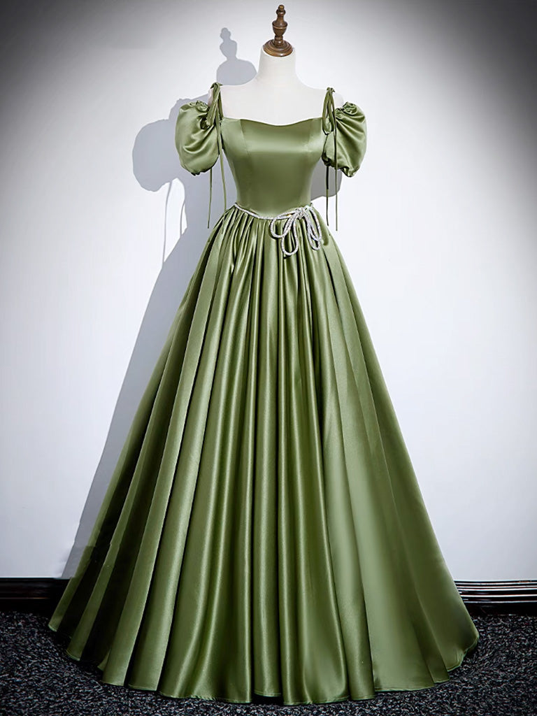 Flowy Prom Dress, A-Line Satin Green Long Prom Dress, Green Formal Evening Dress