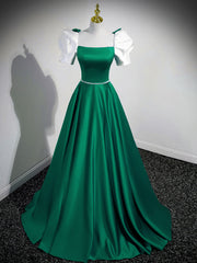 Prom Dress Store, A-Line Satin Green Long Prom Dresses, Green A-Line Formal Dresses