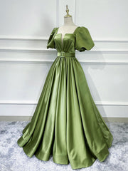 Bride Dress, A line Satin Long Green Prom Dresses, Green Formal Evening Graduation Dresses