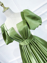 Gala Dress, A line Satin Long Green Prom Dresses, Green Formal Evening Graduation Dresses