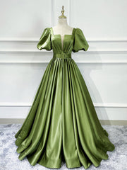 Bachelorette Party Outfit, A line Satin Long Green Prom Dresses, Green Formal Evening Graduation Dresses