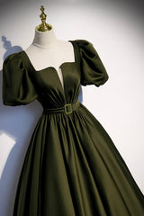 Evening Dresses Short, A-Line Satin Long Prom Dress, Dark Green Short Sleeve Evening Graduation Dress