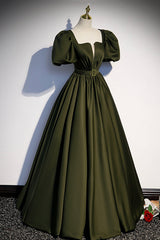 Evening Dresses Boutique, A-Line Satin Long Prom Dress, Dark Green Short Sleeve Evening Graduation Dress