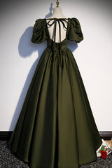 Evening Dresses Elegant, A-Line Satin Long Prom Dress, Dark Green Short Sleeve Evening Graduation Dress