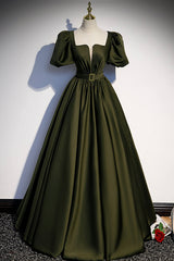 Evening Dresses Store, A-Line Satin Long Prom Dress, Dark Green Short Sleeve Evening Graduation Dress