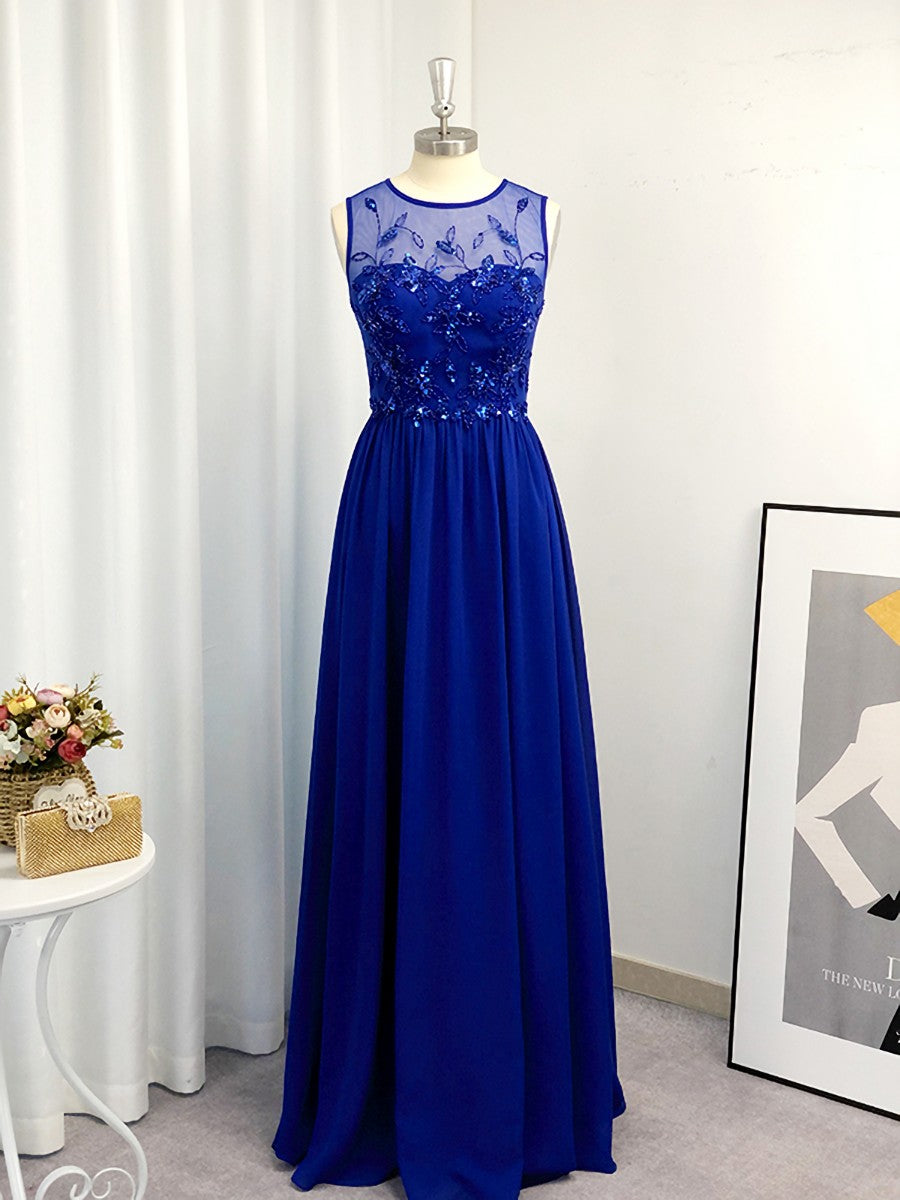 Bridesmaid Dresses Summer Wedding, A-line Scoop Appliques Lace Floor-Length Chiffon Dress