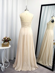 Bridesmaids Dresses By Color, A-line Scoop Appliques Lace Floor-Length Chiffon Dress