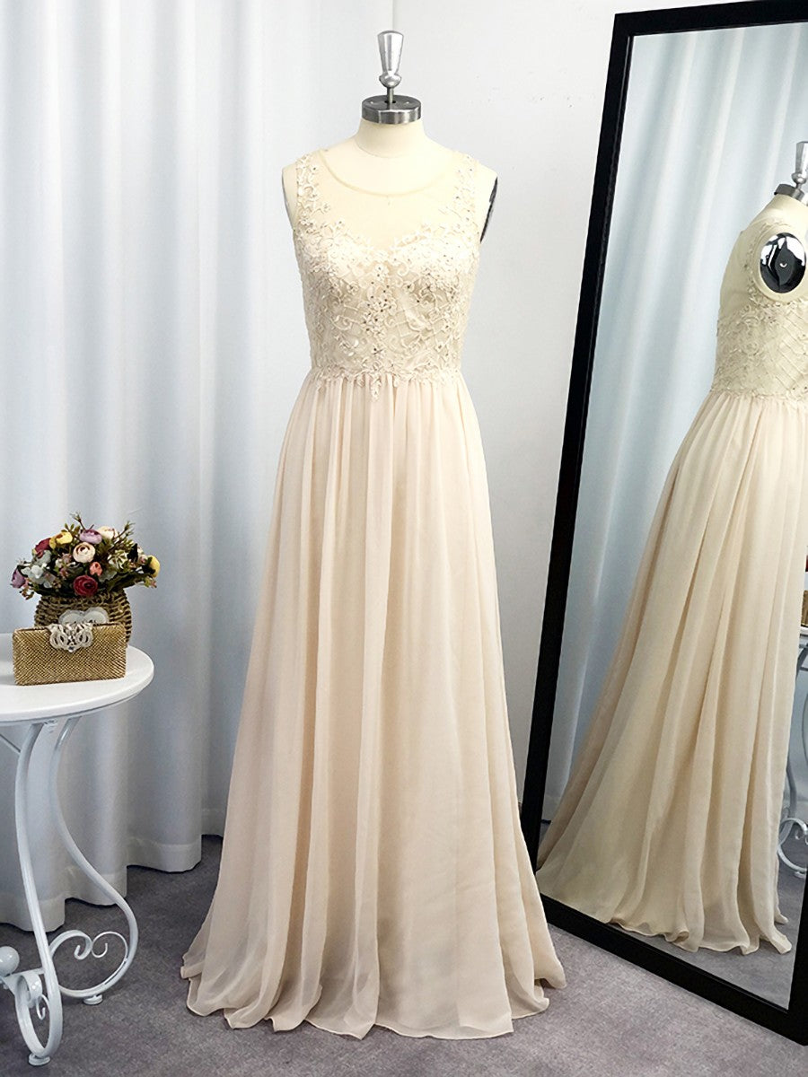 Bridesmaid Dresses Short, A-line Scoop Appliques Lace Floor-Length Chiffon Dress