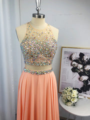 Bridesmaid Dress Color Palette, A-line Scoop Beading Sweep Train Chiffon Dress