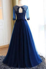 Prom Dresses Bodycon, A-line Scoop Neck Dark Blue Long Prom Dresses With Sleeves