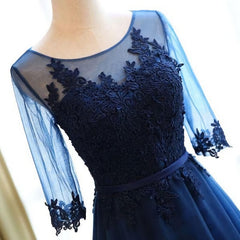 Prom Dress Bodycon, A-line Scoop Neck Dark Blue Long Prom Dresses With Sleeves