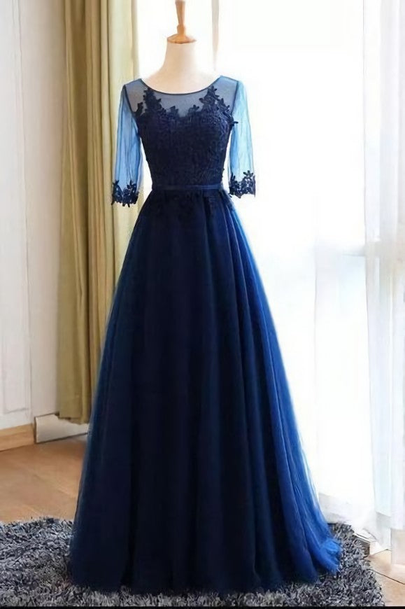 Prom Dress Pink, A-line Scoop Neck Dark Blue Long Prom Dresses With Sleeves