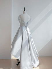 Black Wedding Dress, A-Line Scoop Neckline Lace Gray Prom Dress, High Low Style Satin Formal Dresses