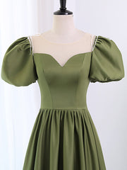 Evening Dress Wedding, A-Line Scoop Neckline Puff Sleeves Satin Long Green Prom Dress, Green Formal Dress