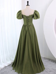 Evening Dress Long, A-Line Scoop Neckline Puff Sleeves Satin Long Green Prom Dress, Green Formal Dress