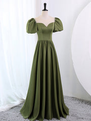 Evening Dress Boutique, A-Line Scoop Neckline Puff Sleeves Satin Long Green Prom Dress, Green Formal Dress