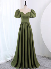 Evening Dresses Wedding, A-Line Scoop Neckline Puff Sleeves Satin Long Green Prom Dress, Green Formal Dress