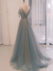 Green Dress, A-Line Scoop Neckline Tulle Gray Blue Long Prom Dress with Sequin